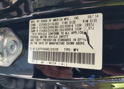 2014 Honda Crosstour Ex-L V6 from USA, damaged, VIN 5J6TF2H58EL004336